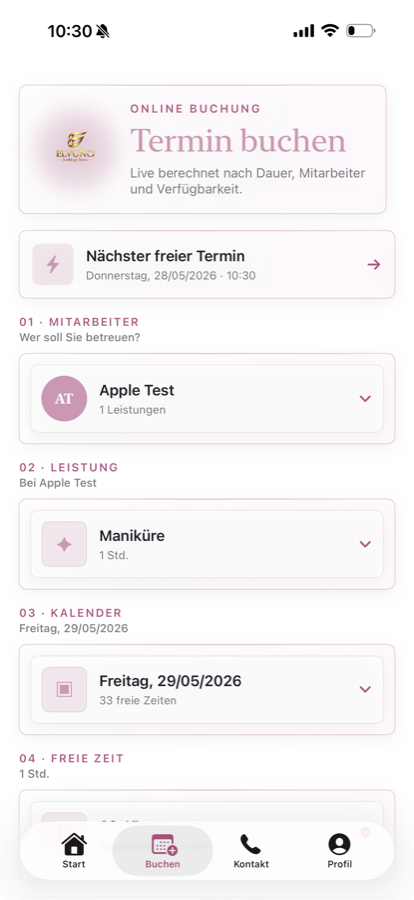 Kundenapp Buchungsflow mit Mitarbeiter, Leistung und Kalender